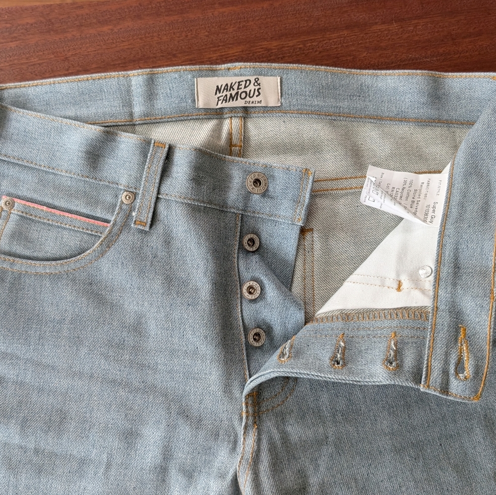 Naked & Famous Recycled Selvedge Stone Blue Jeans Men’s 32 (New without Tags)